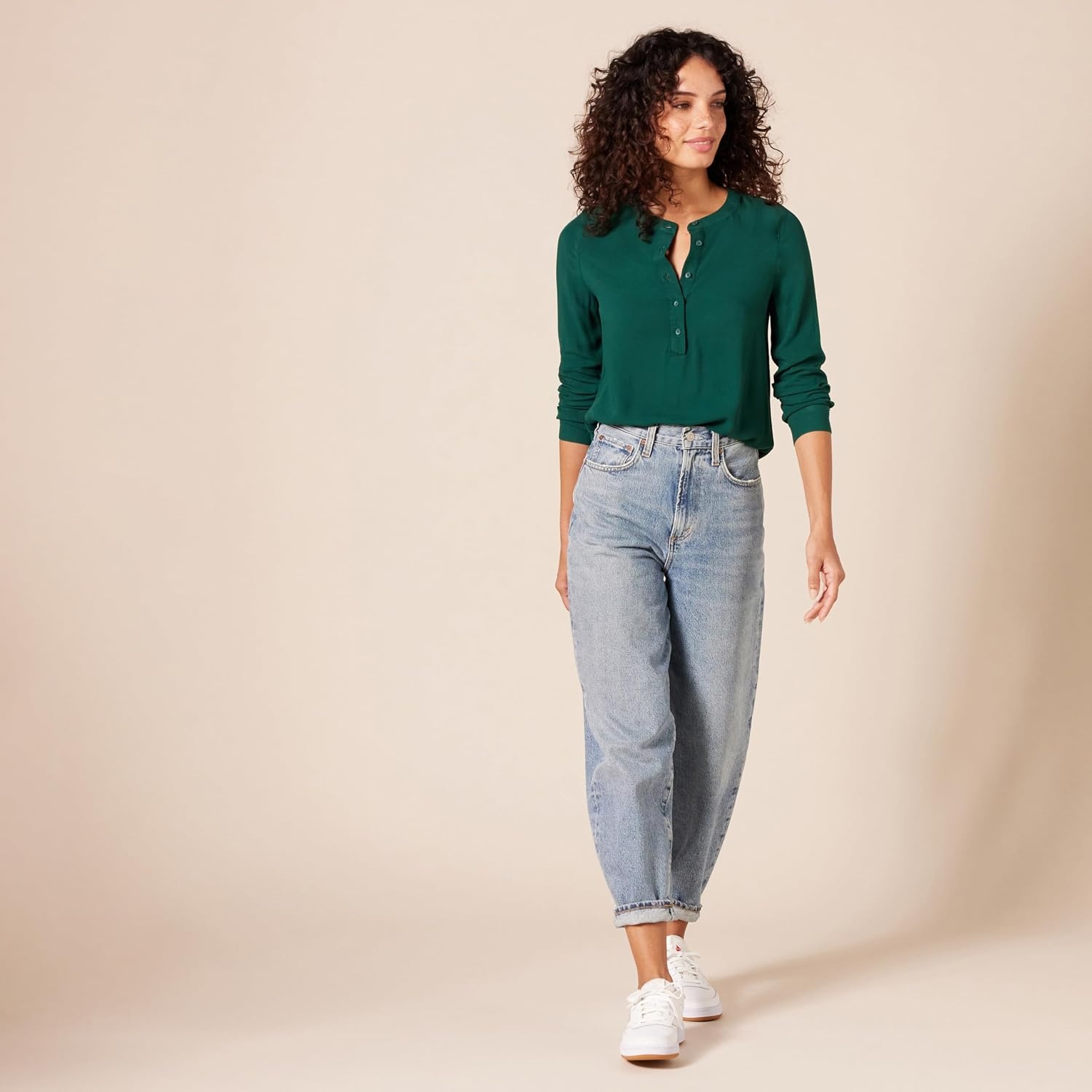 image:imageAmazon Essentials Womens LongSleeve Relaxed Fit Popover Blouse Collared Business Casual Work ShirtDark Green