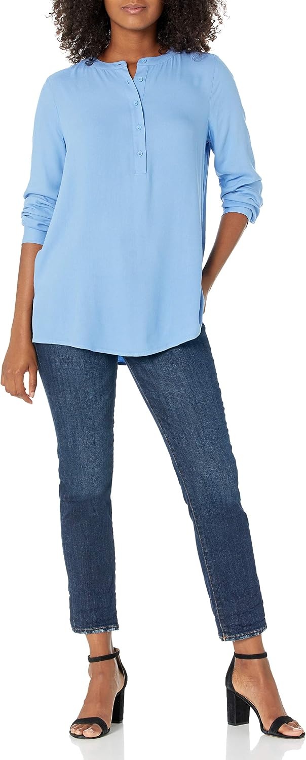 image:imageAmazon Essentials Womens LongSleeve Relaxed Fit Popover Blouse Collared Business Casual Work ShirtFrench Blue