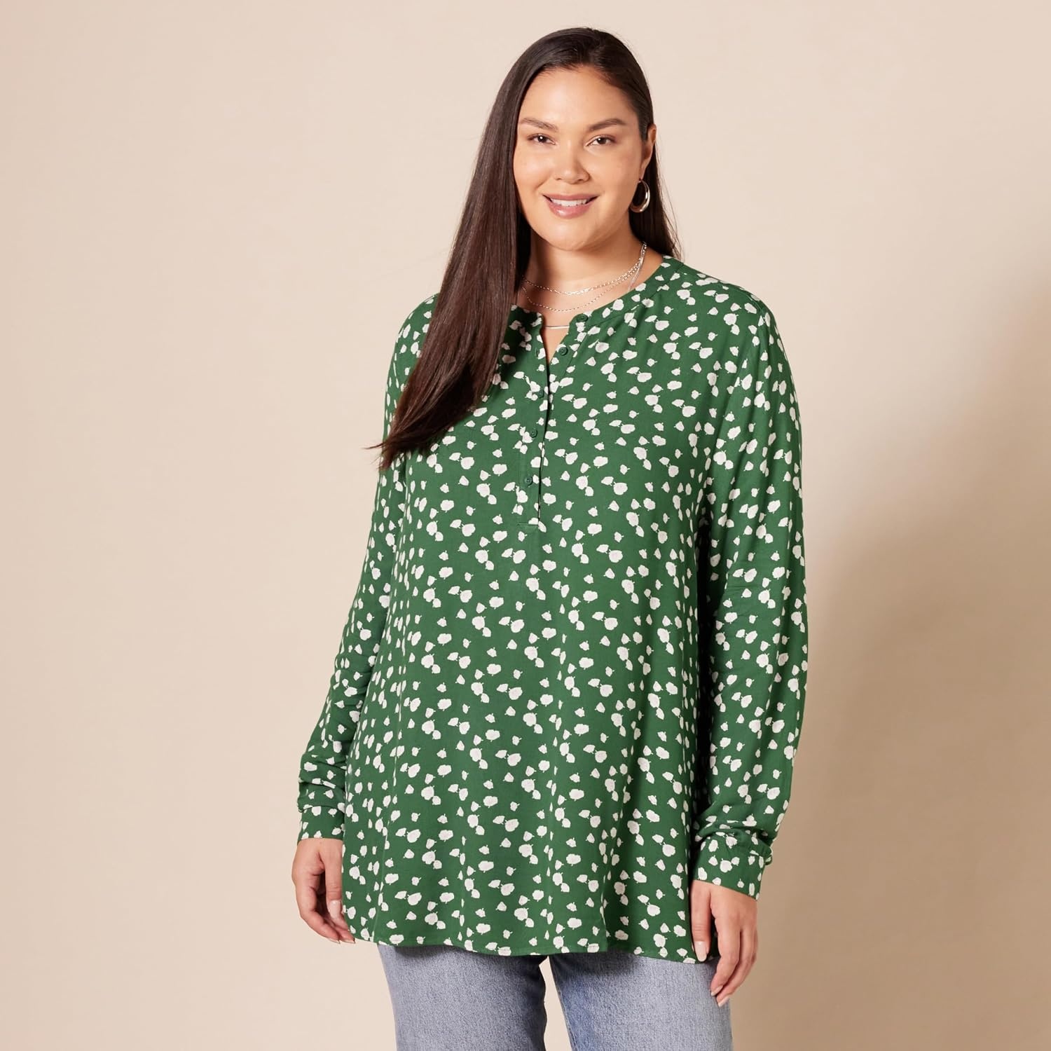 image:imageAmazon Essentials Womens LongSleeve Relaxed Fit Popover Blouse Collared Business Casual Work ShirtGreen Floral