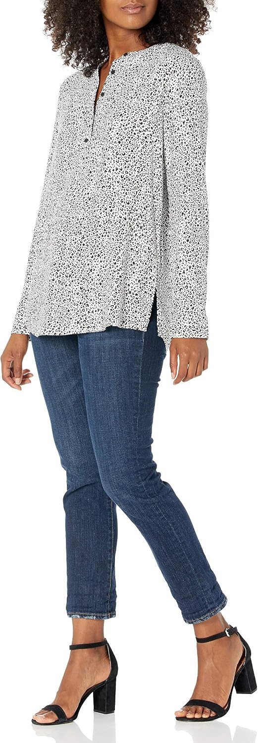image:imageAmazon Essentials Womens LongSleeve Relaxed Fit Popover Blouse Collared Business Casual Work ShirtMini Leopard