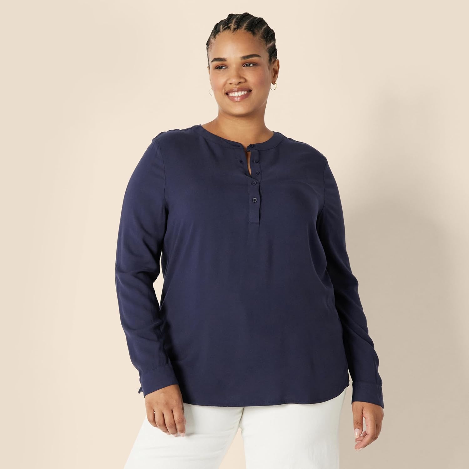 image:imageAmazon Essentials Womens LongSleeve Relaxed Fit Popover Blouse Collared Business Casual Work ShirtNavy