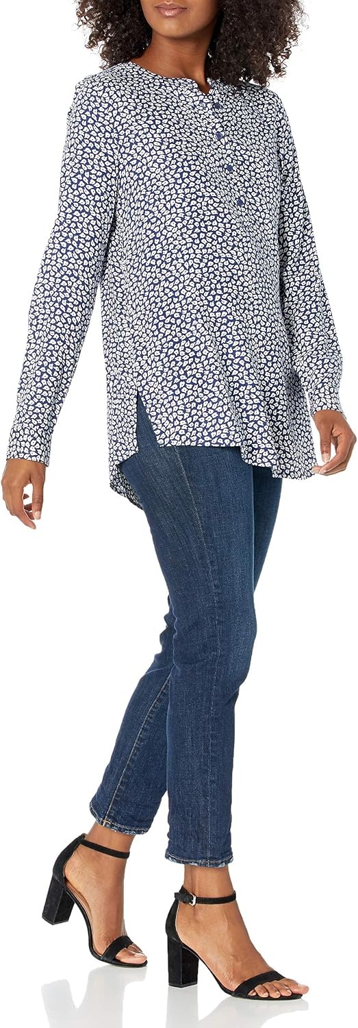 image:imageAmazon Essentials Womens LongSleeve Relaxed Fit Popover Blouse Collared Business Casual Work ShirtNavy White Petal