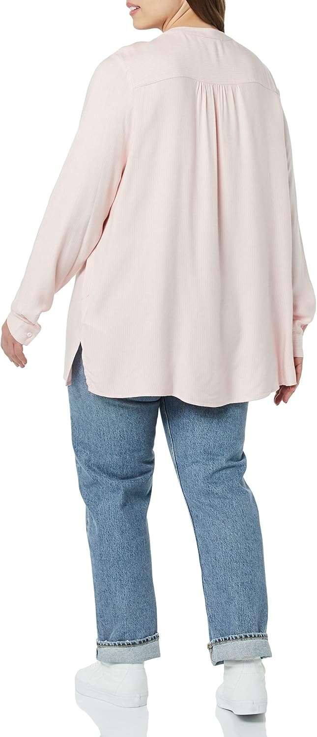 image:imageAmazon Essentials Womens LongSleeve Relaxed Fit Popover Blouse Collared Business Casual Work ShirtPink White Vertical Stripe