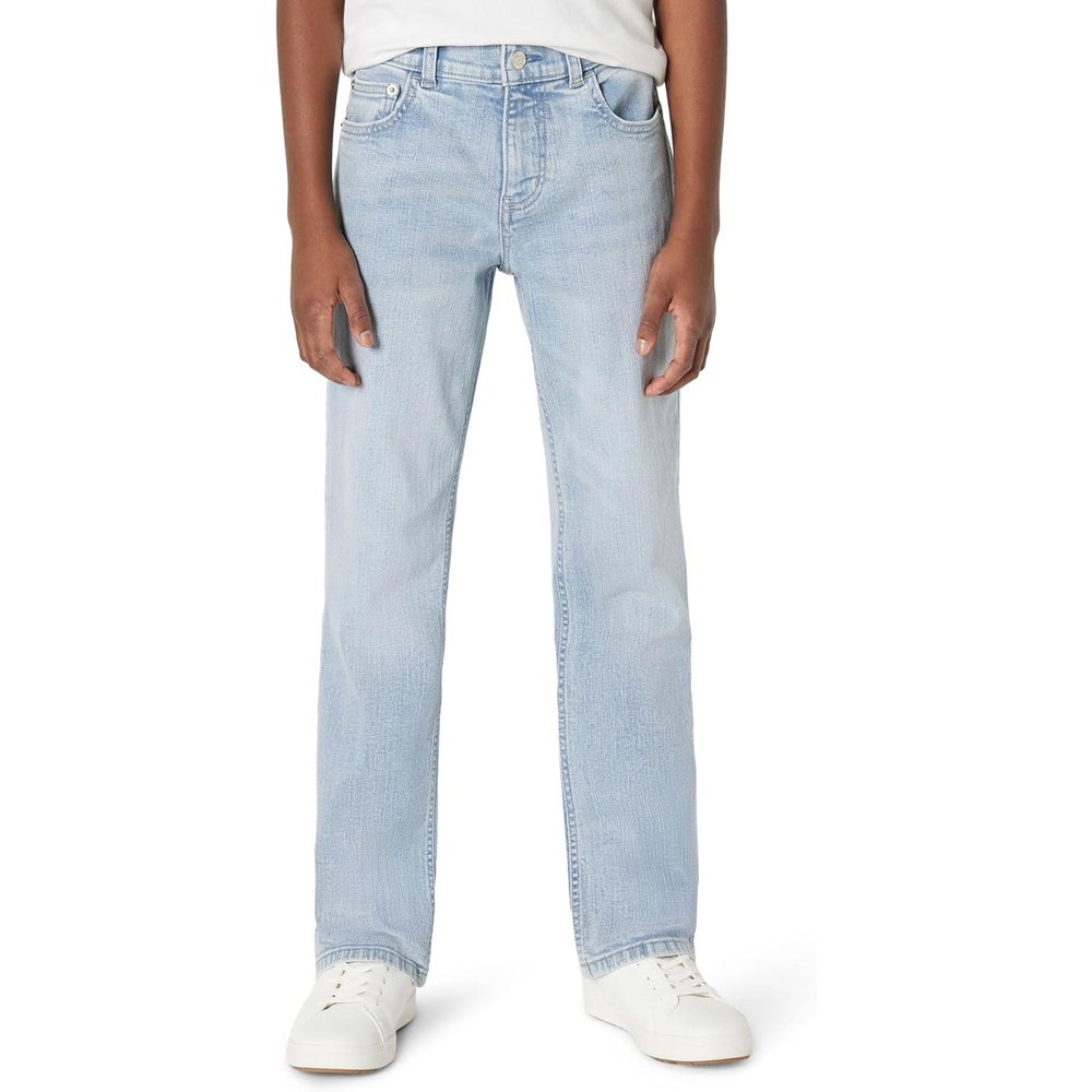 image:imageAmazon Essentials Boys Medium Stretch RegularFit Bootcut JeanTinted Ice Light Wash