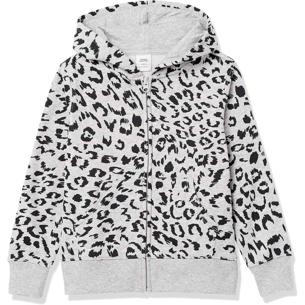 image:imageAmazon Essentials Girls and Toddlers Fleece ZipUp Hooded Sweatshirt with Lined Hood and Rib Knit DetailLight Heather Grey Cheetah