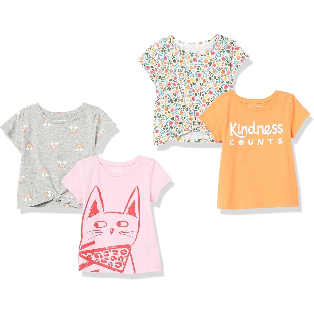 image:imageAmazon Essentials Girls and Toddlers Short Sleeve TShirtGrey RainbowPink CatWhite FloralText Print