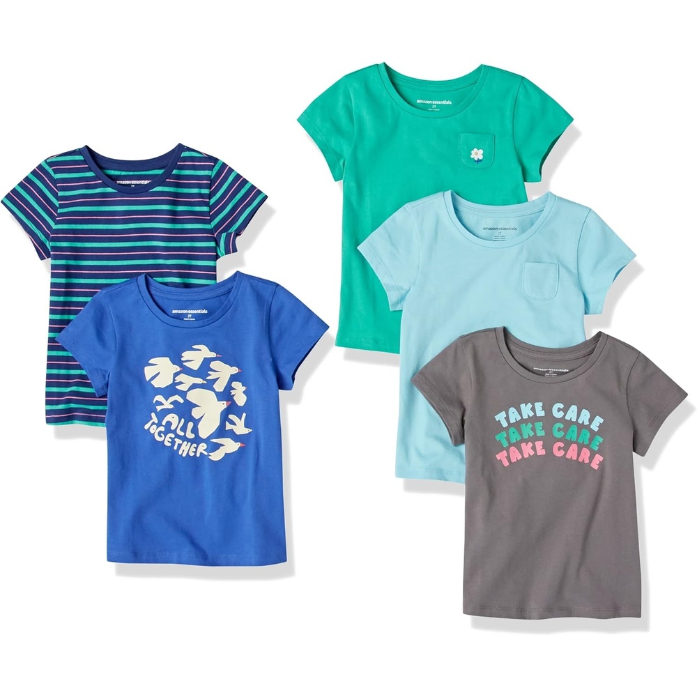 image:imageAmazon Essentials Girls and Toddlers Short Sleeve TShirtMulticolorBirdsStripeTake Care