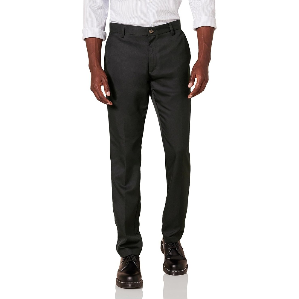 image:imageAmazon Essentials Mens SlimFit FlatFront Dress Pants Straight Leg Polyester StoneBlack