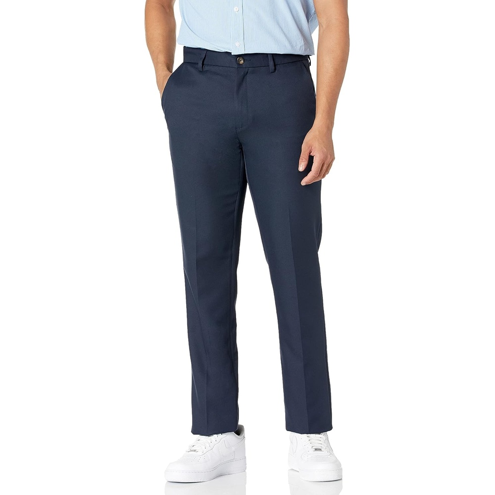 image:imageAmazon Essentials Mens SlimFit FlatFront Dress Pants Straight Leg Polyester StoneNavy
