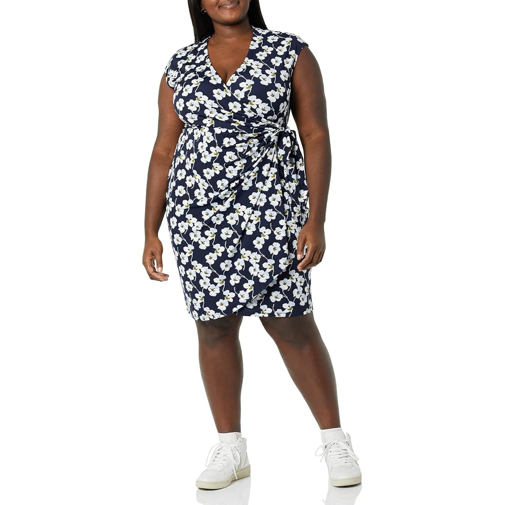 image:imageAmazon Essentials Womens Classic Cap Sleeve Wrap Dress with V Neck Pleated Waist Available in Plus SizeNavy Flowers