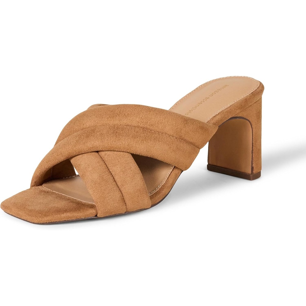 image:imageAmazon Essentials Womens Crossover Block Heeled Sandal with Padded Straps and Memory Foam InsoleTan Faux Microsuede