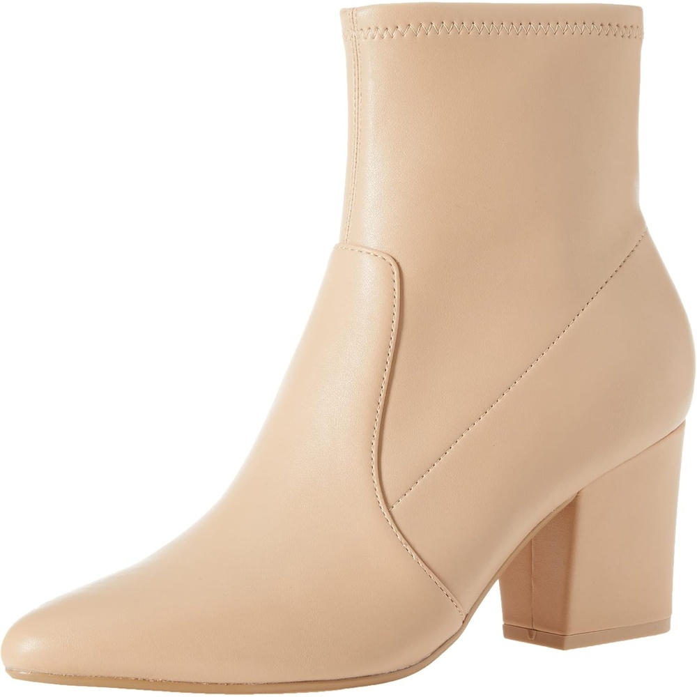 image:imageAmazon Essentials Womens Fitted Stretch Ankle Heel Boots with Pointed ToeBeige Faux Leather