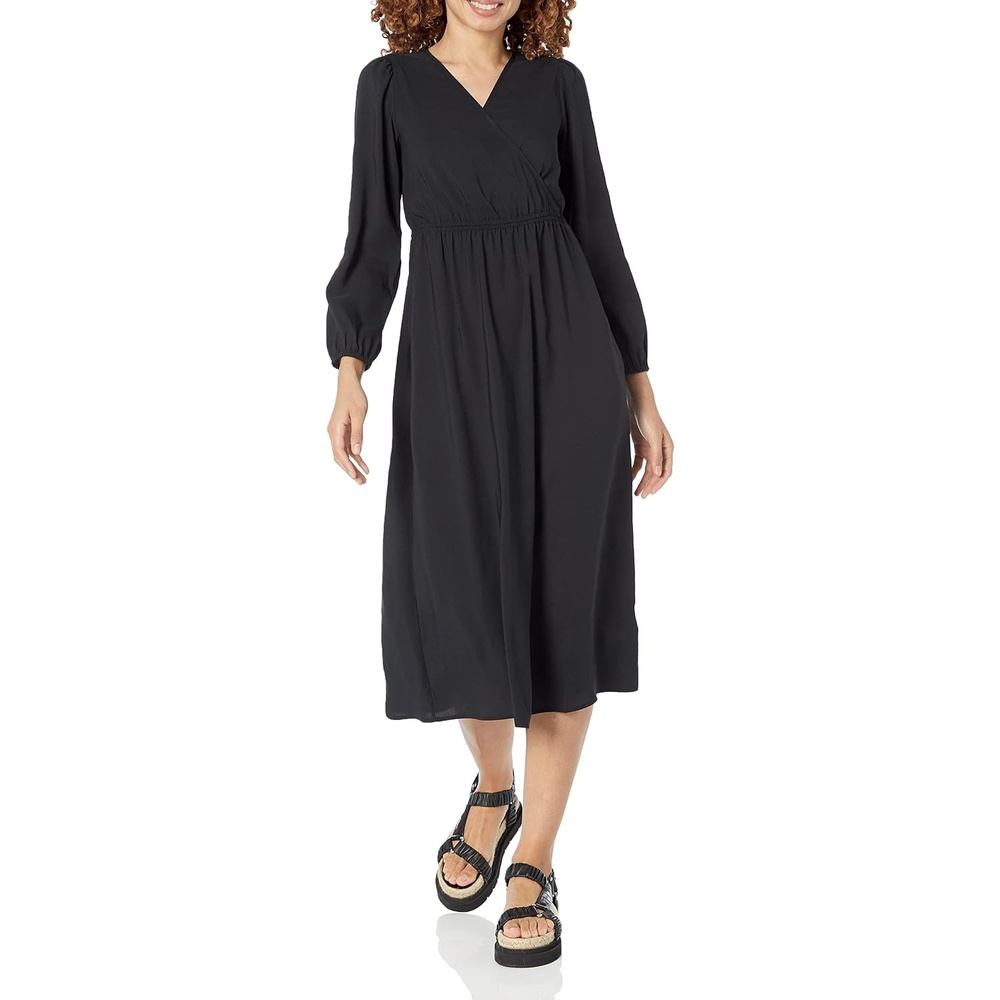 image:imageAmazon Essentials Womens Lightweight Georgette Long Sleeve VNeck Wrap Midi Dress Fit and FlareBlack