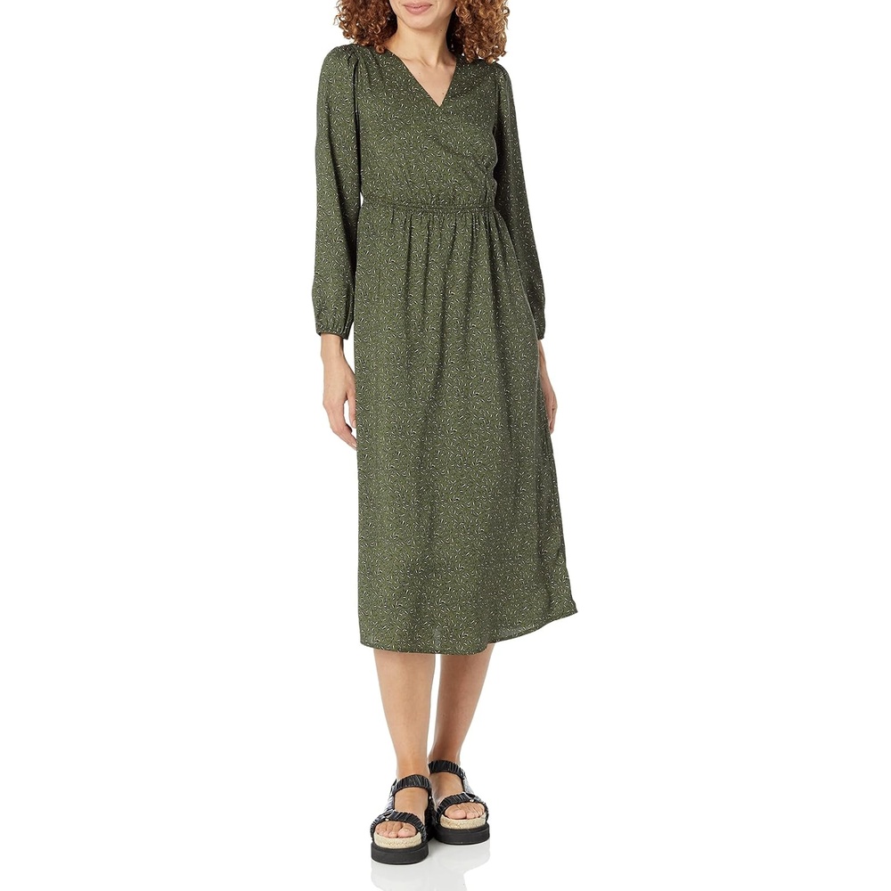 image:imageAmazon Essentials Womens Lightweight Georgette Long Sleeve VNeck Wrap Midi Dress Fit and FlareDark Olive Abstract Animal