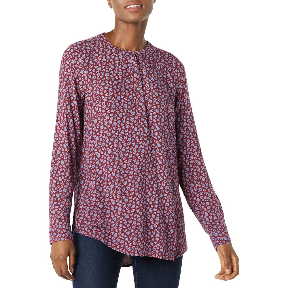 image:imageAmazon Essentials Womens LongSleeve Relaxed Fit Popover Blouse Collared Business Casual Work ShirtBurgundy Blue Daisies