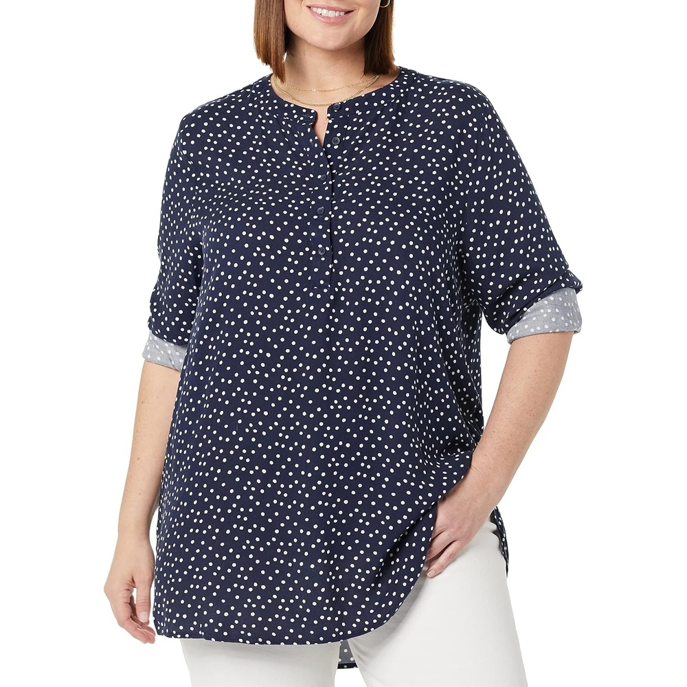 image:imageAmazon Essentials Womens LongSleeve Relaxed Fit Popover Blouse Collared Business Casual Work ShirtNavy Blue Dot Print