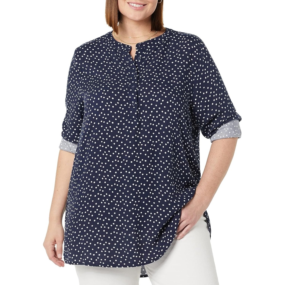 image:imageAmazon Essentials Womens LongSleeve Relaxed Fit Popover Blouse Collared Business Casual Work ShirtNavy Dots