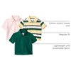 Amazon Essentials Boys and Toddlers’ Cotton Spandex Pique Polo Shirt, Pack of 3(Dark Green/Pale Pink/Block Stripe)