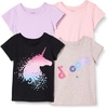 Amazon Essentials Girls and Toddlers’ Short Sleeve T-Shirt(Black Unicorn/Grey Text Print/Light Pink/Lilac)
