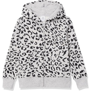 Amazon Essentials Girls and Toddlers’ Fleece Zip-Up Hooded Sweatshirt with Lined Hood and Rib Knit Detail(Light Heather Grey Cheetah)