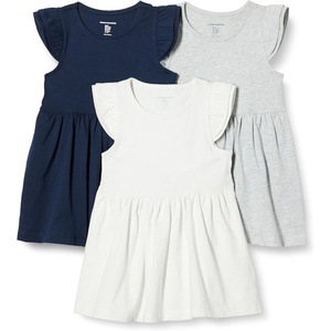 Amazon Essentials Girls and Toddlers’ Ruffle Flutter Sleeve Jersey Tunic, Pack of 3(Light Grey Heather/Navy/White)