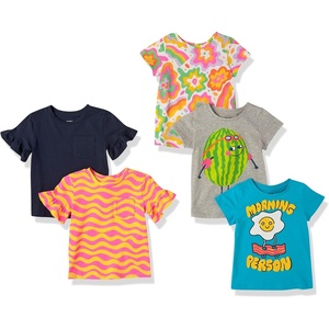Amazon Essentials Girls and Toddlers’ Short Sleeve T-Shirt(Blue/Grey Watermelon Print/Navy/Pink Waves/White Abstract Floral)