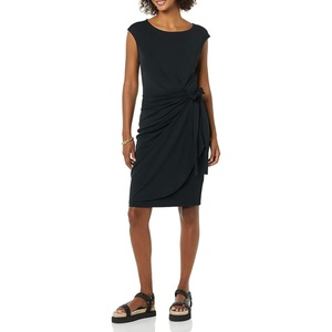 Amazon Essentials Women’s Cap Sleeve Boat-Neck Faux Wrap Pleated Matte Jersey Dress(Black)