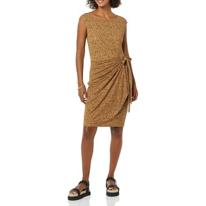 Amazon Essentials Women’s Cap Sleeve Boat-Neck Faux Wrap Pleated Matte Jersey Dress(Dark Camel  Leopard)