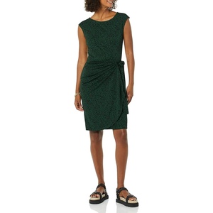 Amazon Essentials Women’s Cap Sleeve Boat-Neck Faux Wrap Pleated Matte Jersey Dress(Dark Green  Animal)
