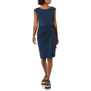 Amazon Essentials Women’s Cap Sleeve Boat-Neck Faux Wrap Pleated Matte Jersey Dress(Navy)