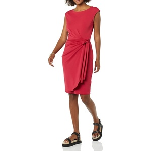 Amazon Essentials Women’s Cap Sleeve Boat-Neck Faux Wrap Pleated Matte Jersey Dress(Raspberry Red)