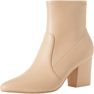 Amazon Essentials Women’s Fitted Stretch Ankle Heel Boots with Pointed Toe(Beige Faux Leather)