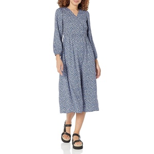 Amazon Essentials Women’s Lightweight Georgette Long Sleeve V-Neck Wrap Midi Dress, Fit and Flare(Blue  Ditsy Floral)