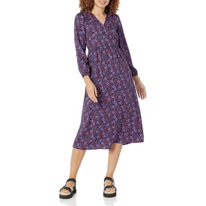Amazon Essentials Women’s Lightweight Georgette Long Sleeve V-Neck Wrap Midi Dress, Fit and Flare(Dark Blue  Pansy)