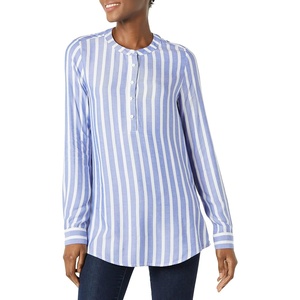 Amazon Essentials Women’s Long-Sleeve Relaxed Fit Popover Blouse, Collared Business Casual Work Shirt(Blue Classic Bold Stripe)