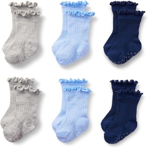 Amazon Essentials x Sofia Grainge Toddler and Baby Girls’ Scallop Top Socks with Non-Slip Grippers, 6 Pairs(Heather Grey/Light Blue/Navy)