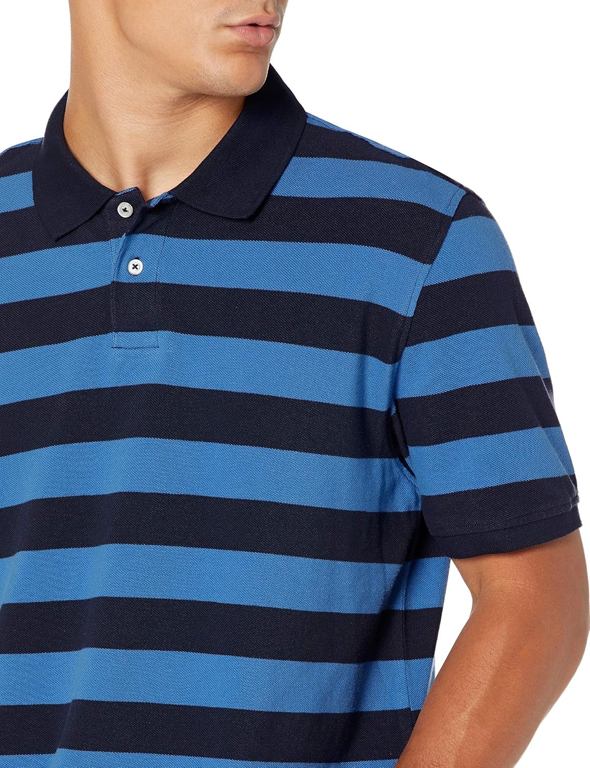 image:imageAmazon Essentials Mens RegularFit Cotton Pique Polo Shirt Short Sleeve Available in Big amp TallBlack Blue Stripe