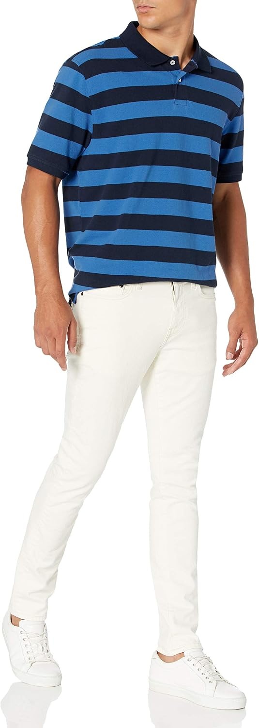 image:imageAmazon Essentials Mens RegularFit Cotton Pique Polo Shirt Short Sleeve Available in Big amp TallBlack Blue Stripe