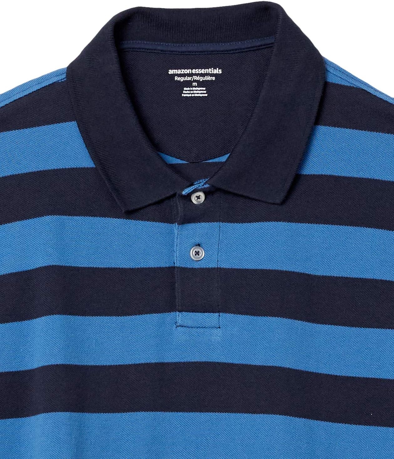 image:imageAmazon Essentials Mens RegularFit Cotton Pique Polo Shirt Short Sleeve Available in Big amp TallBlack Blue Stripe