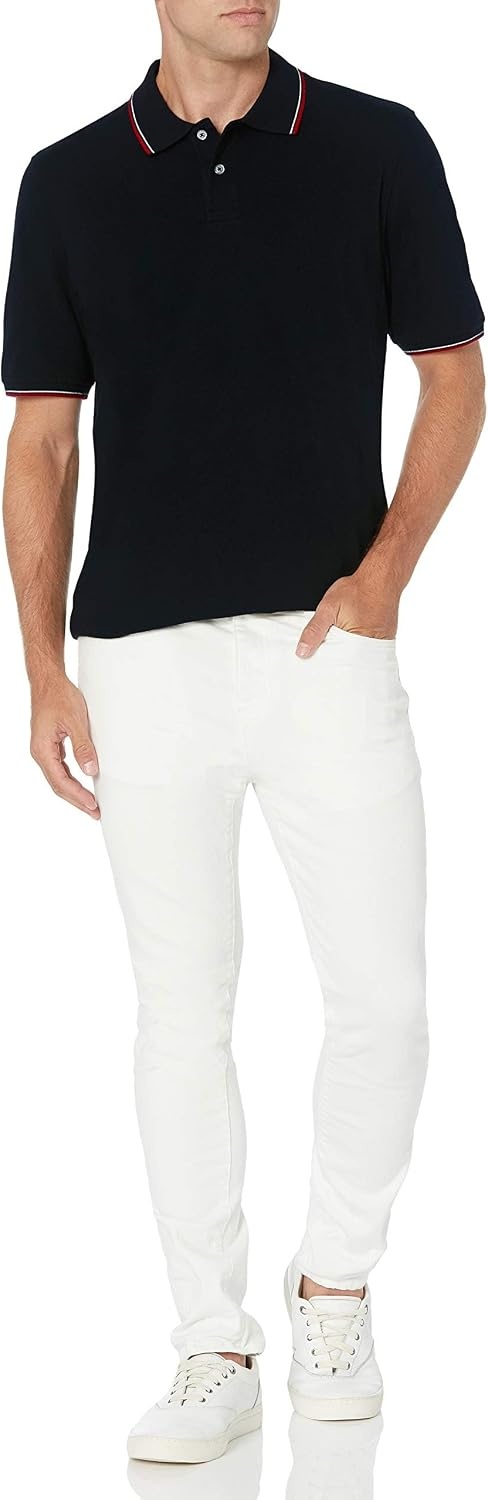 image:imageAmazon Essentials Mens RegularFit Cotton Pique Polo Shirt Short Sleeve Available in Big amp TallBlack Red White Thin Stripe