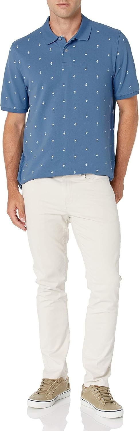 image:imageAmazon Essentials Mens RegularFit Cotton Pique Polo Shirt Short Sleeve Available in Big amp TallBlue White Palm Tree Print