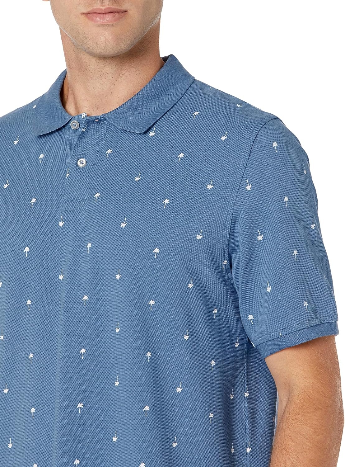 image:imageAmazon Essentials Mens RegularFit Cotton Pique Polo Shirt Short Sleeve Available in Big amp TallBlue White Palm Tree Print