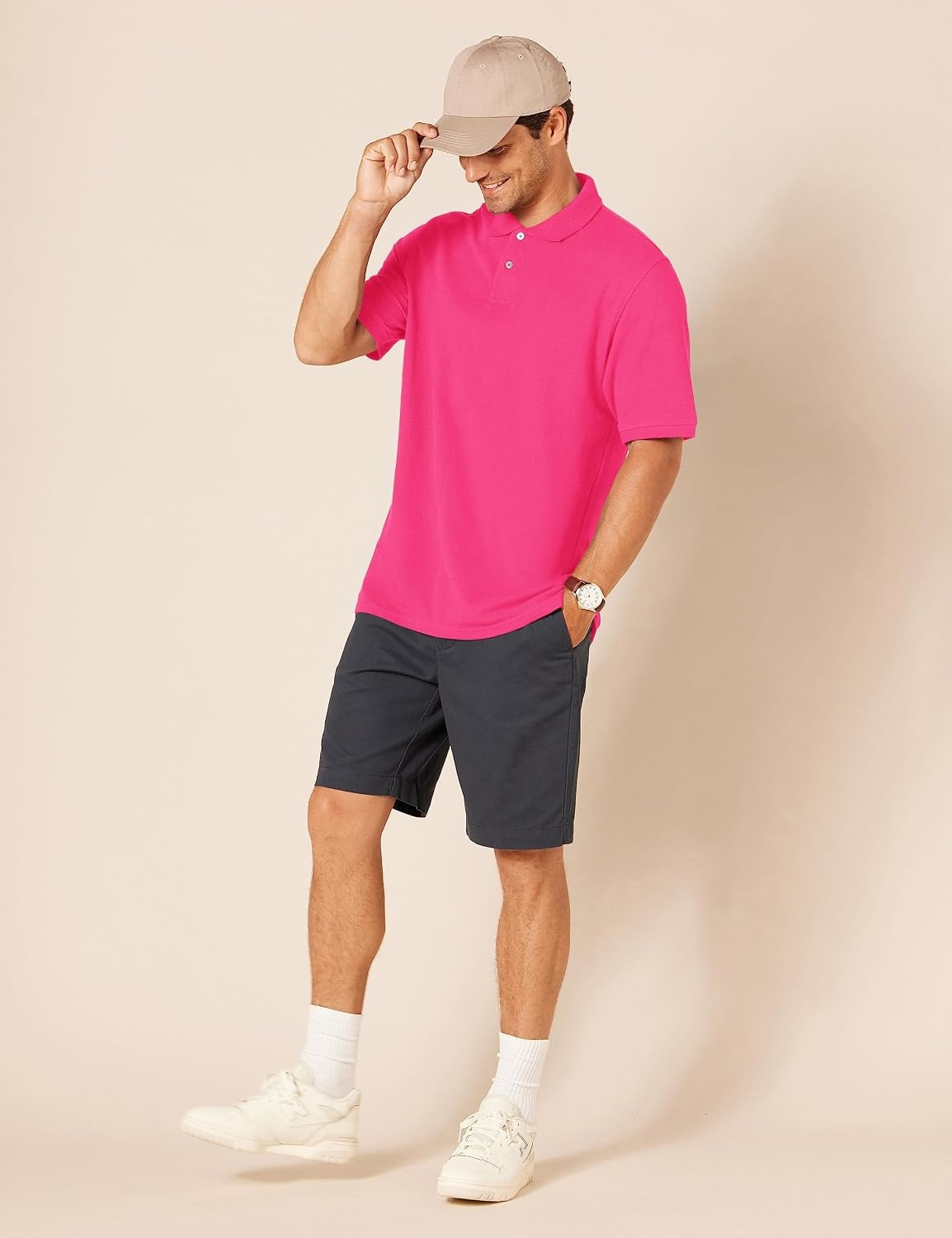 image:imageAmazon Essentials Mens RegularFit Cotton Pique Polo Shirt Short Sleeve Available in Big amp TallHot Pink