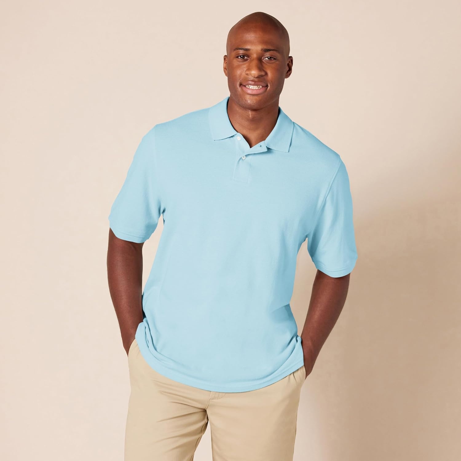 image:imageAmazon Essentials Mens RegularFit Cotton Pique Polo Shirt Short Sleeve Available in Big amp TallLight Blue
