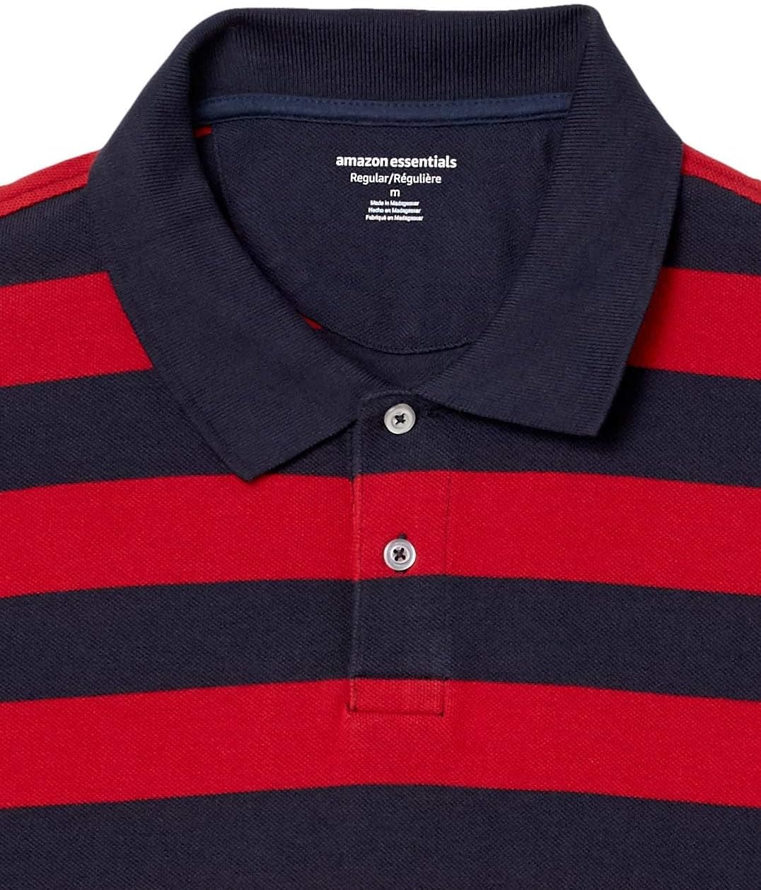 image:imageAmazon Essentials Mens RegularFit Cotton Pique Polo Shirt Short Sleeve Available in Big amp TallNavy Red Rugby Stripe