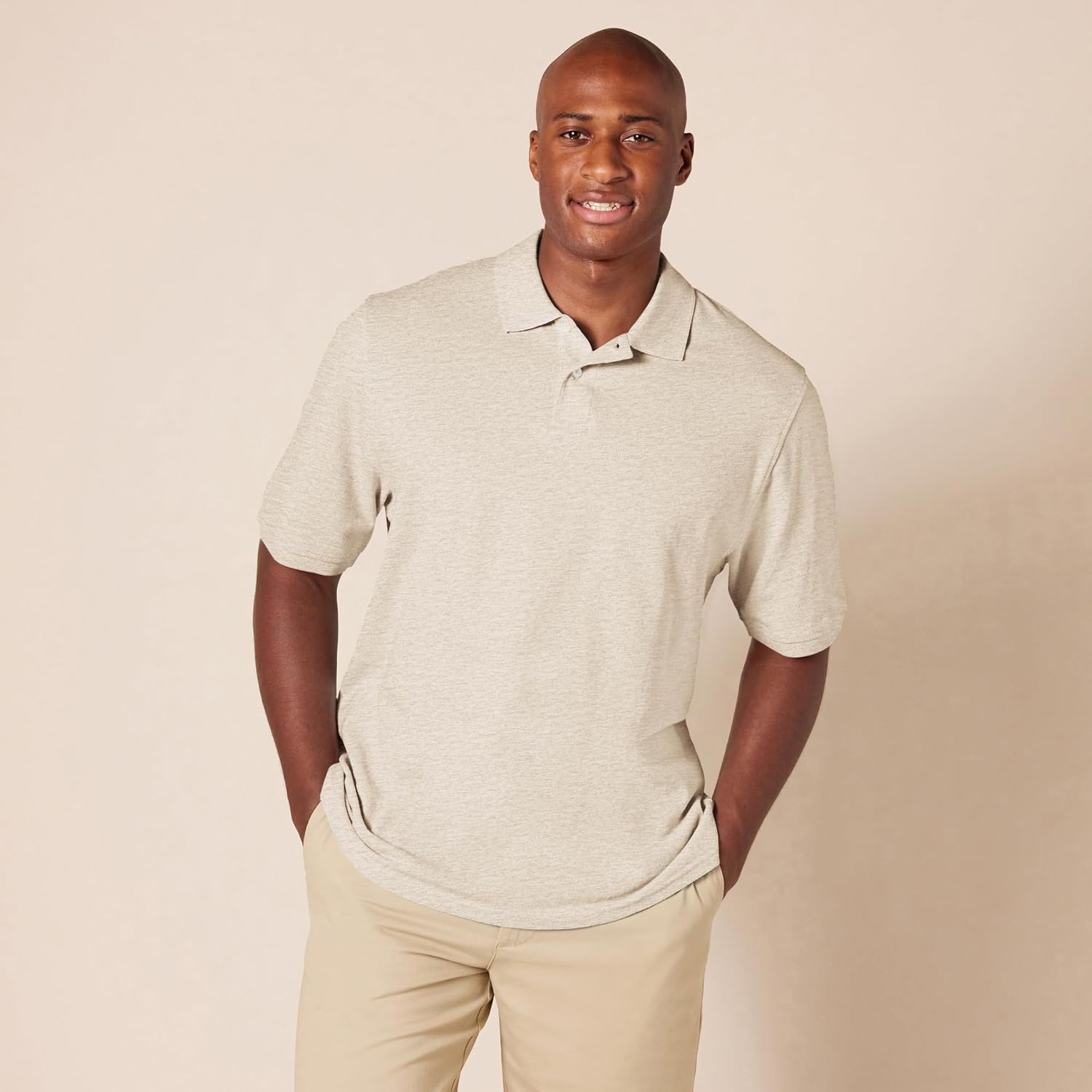 image:imageAmazon Essentials Mens RegularFit Cotton Pique Polo Shirt Short Sleeve Available in Big amp TallOatmeal Heather