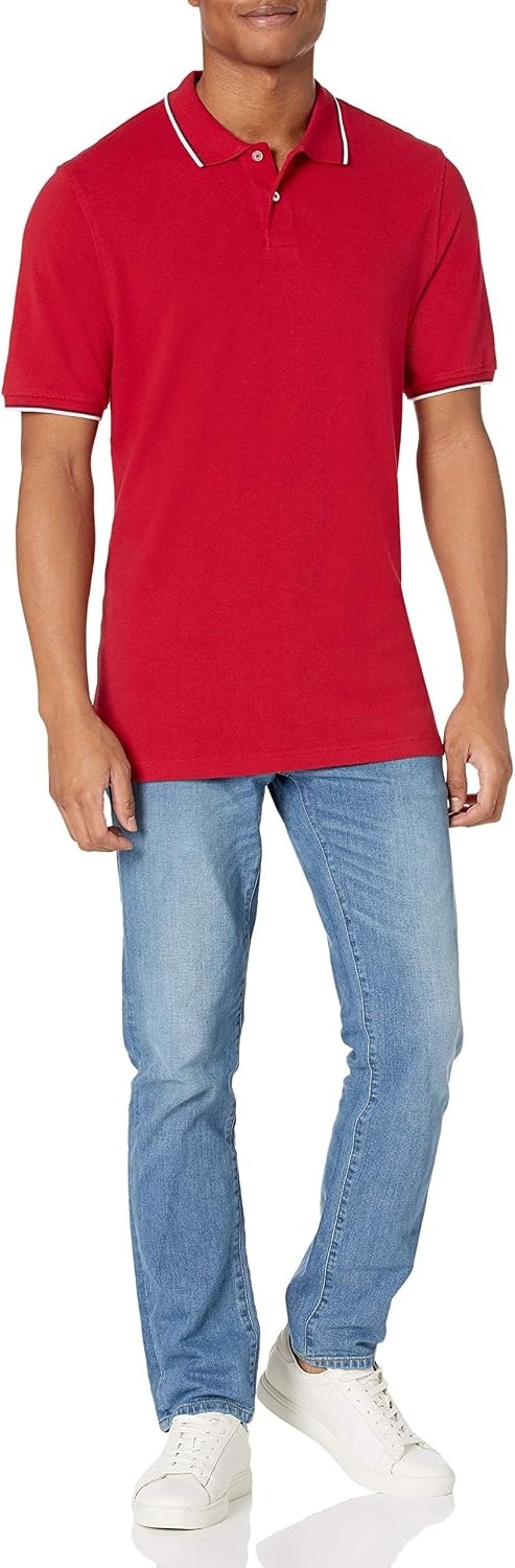 image:imageAmazon Essentials Mens RegularFit Cotton Pique Polo Shirt Short Sleeve Available in Big amp TallRed Twin Stripe