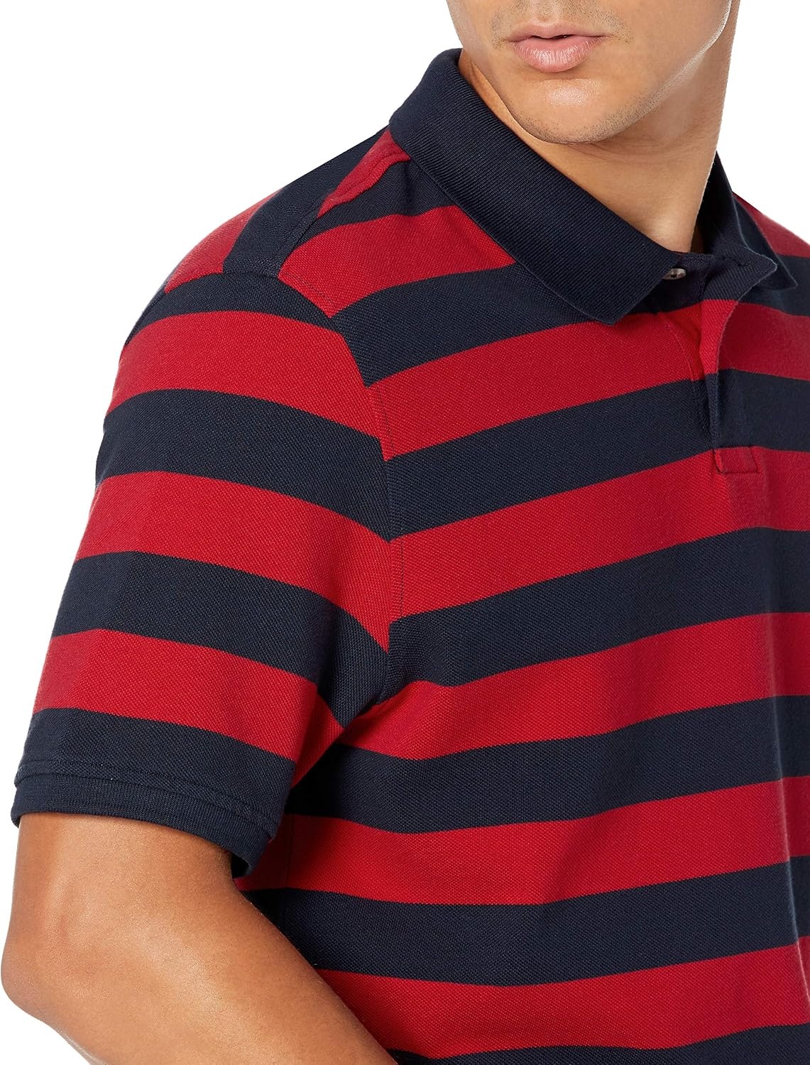 image:imageAmazon Essentials Mens RegularFit Cotton Pique Polo Shirt Short Sleeve Available in Big amp TallRedNavy Rugby Stripe