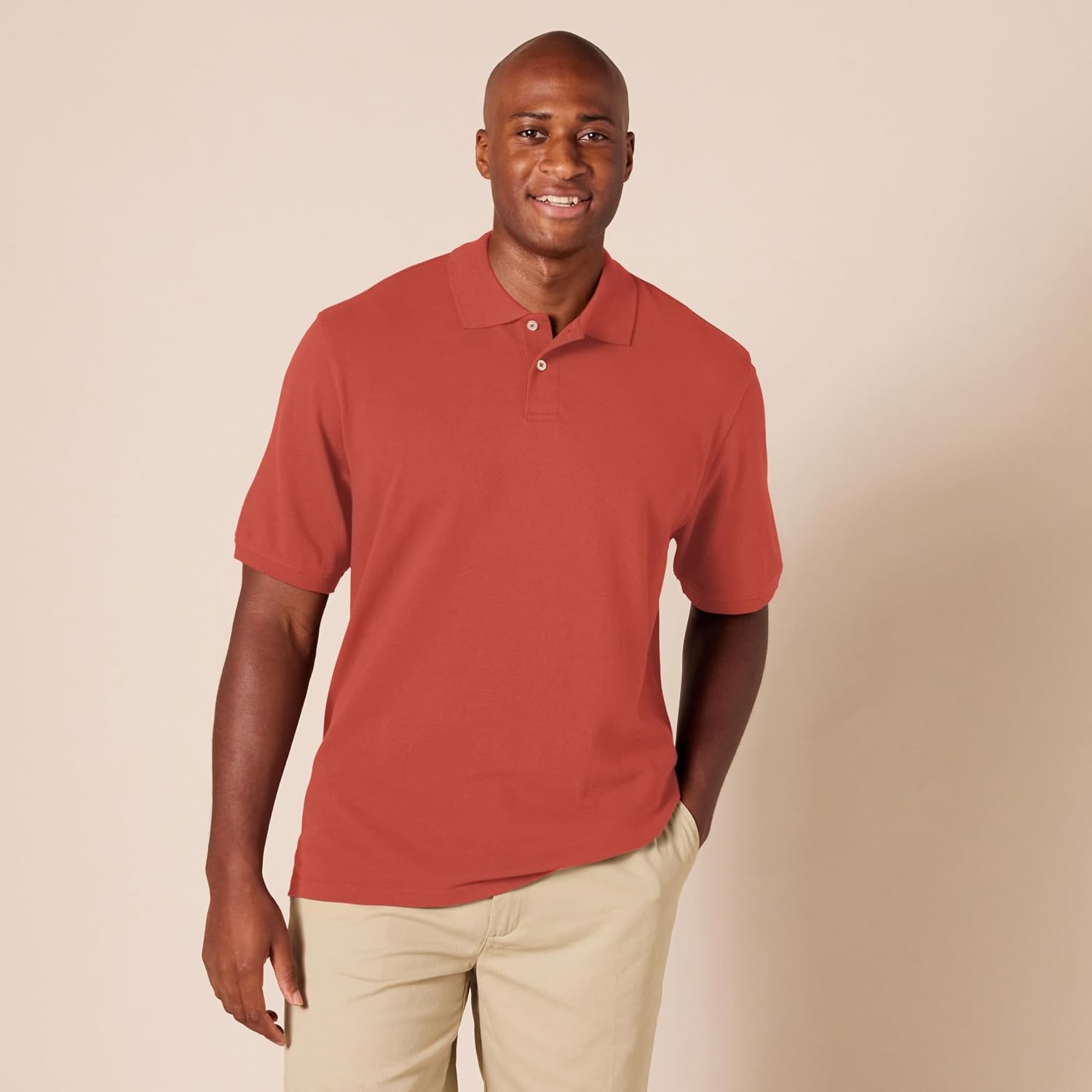 image:imageAmazon Essentials Mens RegularFit Cotton Pique Polo Shirt Short Sleeve Available in Big amp TallRust