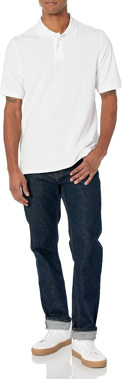image:imageAmazon Essentials Mens RegularFit Cotton Pique Polo Shirt Short Sleeve Available in Big amp TallWhite